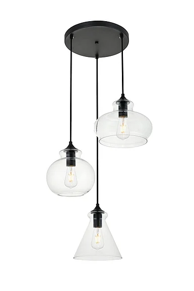 Elegant Destry 3 Lights Black Pendant with Clear Glass LD2247BK