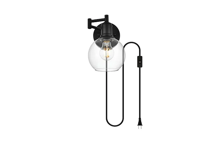 Elegant Caspian 1 Light Black and Clear Swing Arm Plug in Wall Sconce LD7332W6BLK CLOSEOUT