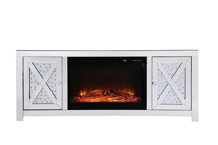 Elegant 59 In. Crystal Mirrored TV Stand with Wood Log Insert Fireplace MF9904-F1