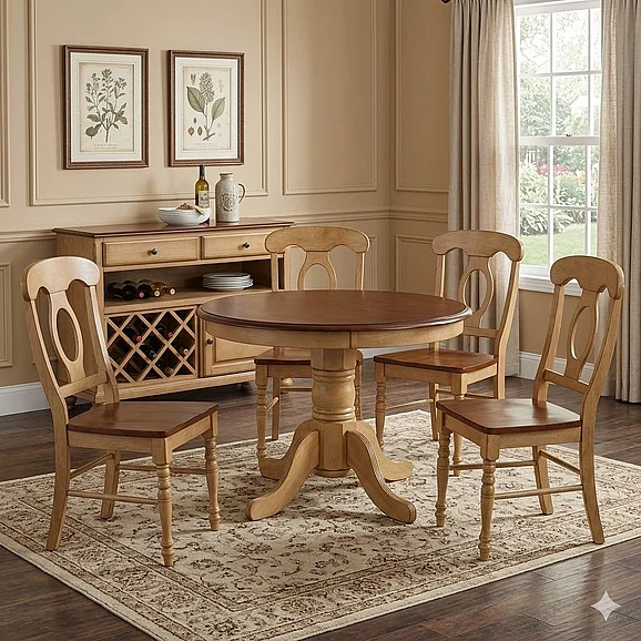 Sunset Trading Brook 5pc Round Pedestal Dining Room Set in Pecan and Wheat