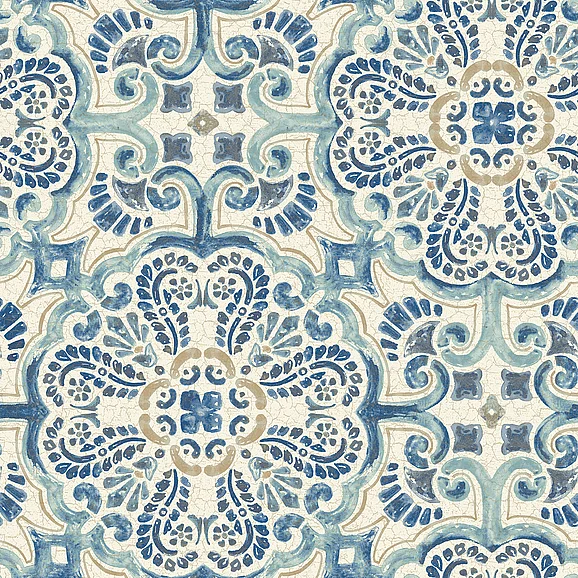 York NuWallpaper Florentine Tile Blue Peel & Stick Wallpaper NUS2235