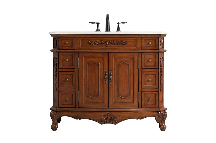 Elegant 42 In. Single Bathroom Vanity in Teak with Ivory White Engineered Marble VF10142TK-VW