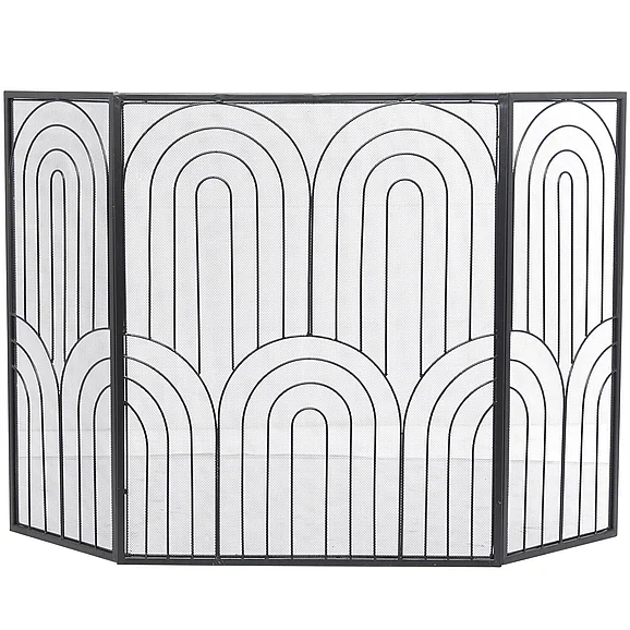 UMA Black Metal Geometric Art Deco Inspired Foldable 3 Panel Living Room Fireplace Screen with Mesh Netting, 48" x 1" x 30" | 10010