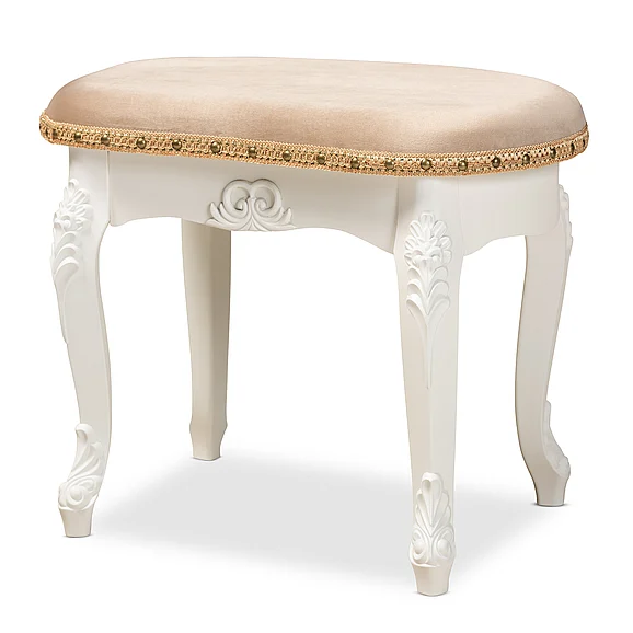Baxton Studio Gabrielle Country Provincial Sand Upholstered White-Vanity Ottoman 10254