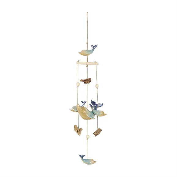UMA Blue Ceramic Whale Handmade Ombre Windchime with Driftwood and Bead Accents, 10" x 7" x 39" | 10366 CLOSEOUT