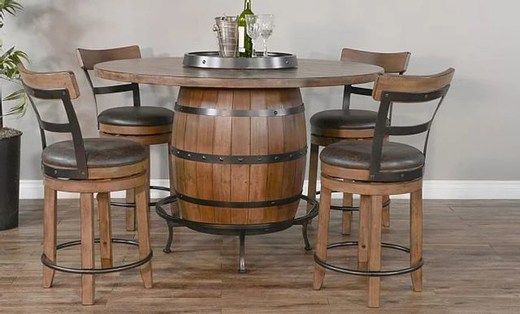 Sunny Designs Doe Valley 5pcs Round Pub Table with Wine Barrel Base Dining Room Set in Buckskin
