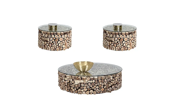 SUNPAN Bickford 3-Pieces Coffee Table Set in Clear/Brown