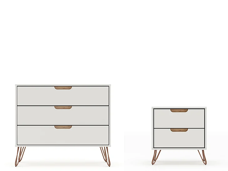 Manhattan Comfort Rockefeller Mic Century- Modern Dresser and Nightstand with Drawers- Set of 2 in Off White and Nature 104GMC3