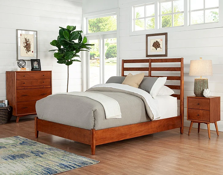 Alpine Furniture Flynn 4-Piece Retro Panel Bedroom Set in Acorn