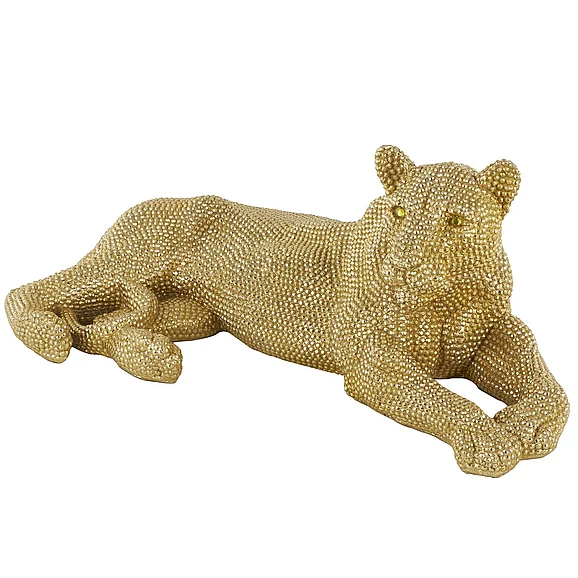 UMA Resin Leopard Laying Floor Decorative Sculpture with Carved Faceted Diamond Exterior in Gold 10827