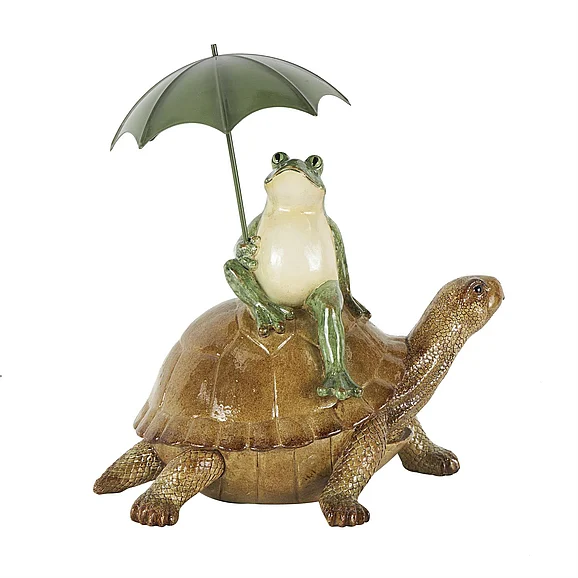 UMA Bronze Resin Frog Sitting Decorative Sculpture with Umbrella and Brown Walking Turtle, 11" x 7" x 12" | 10904 CLOSEOUT