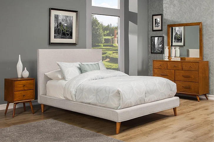 Alpine Furniture Britney and Flynn 4-Piece Upholstered Platform Bedroom Set in Light Grey Linen and Acorn