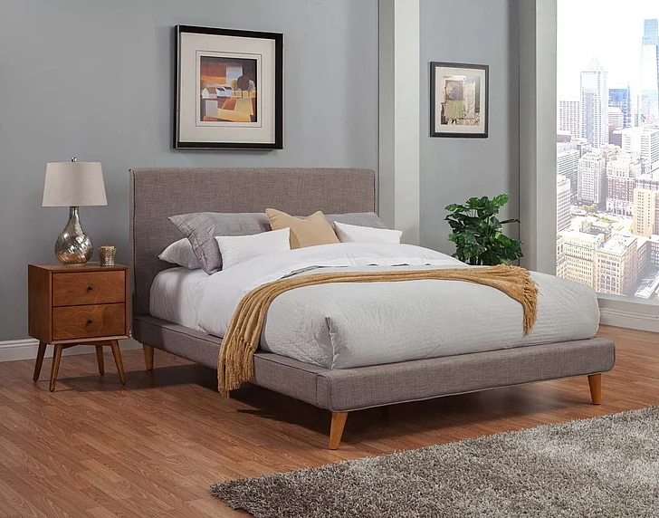 Alpine Furniture Britney and Flynn 4-Piece Upholstered Platform Bedroom Set in Dark Grey and Acorn