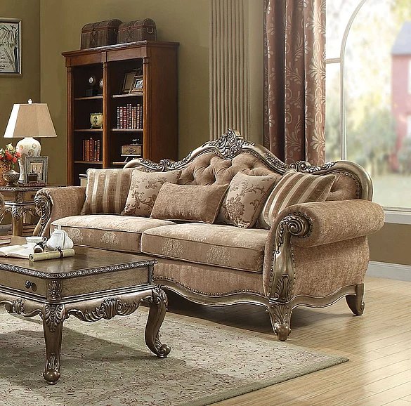 Acme Ragenardus Sofa with 5 Pillows in Fabric & Vintage Oak 56030