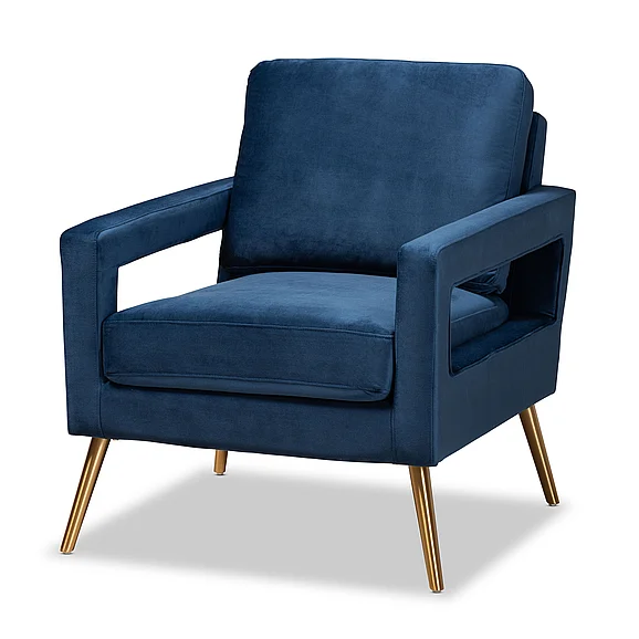 Baxton Studio Leland Navy Blue Upholstered and Gold Armchair 11446