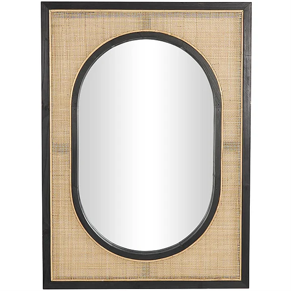 UMA Brown Rattan Room Wall Mirror with Black Accent Frames, 30 x 2 x 42 | 11859