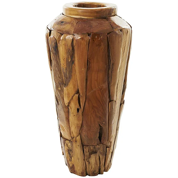 UMA Brown Teak Wood Handmade Tall Floor Decorative Vase with Mosaic Live Edge Pieces, 15" x 15" x 32" | 12082