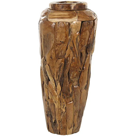 UMA Brown Teak Wood Handmade Tall Floor Decorative Vase with Mosaic Live Edge Pieces, 17" x 17" x 39" | 12083