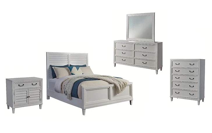 American Woodcrafters Dunescape 5pc Bedroom Set - King Panel Bed, 2Door Nightstand, Dresser, Mirror and Chest in White