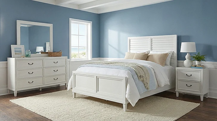 American Woodcrafters Dunescape 4pc Bedroom Set - Queen Panel Bed, Nightstand, Dresser and Mirror in White