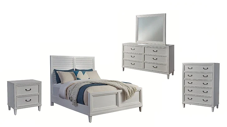 American Woodcrafters Dunescape 5pc Bedroom Set - Queen Panel Bed, Nightstand, Dresser, Mirror and Chest in White