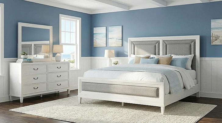 American Woodcrafters Dunescape 3pc Bedroom Set - Queen Upholstered Bed, Dresser and Mirror in White