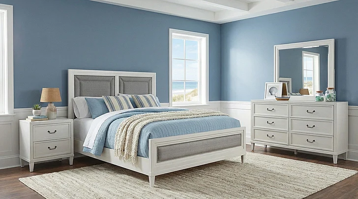 American Woodcrafters Dunescape 4pc Bedroom Set - Queen Upholstered Bed, Nightstand, Dresser and Mirror in White