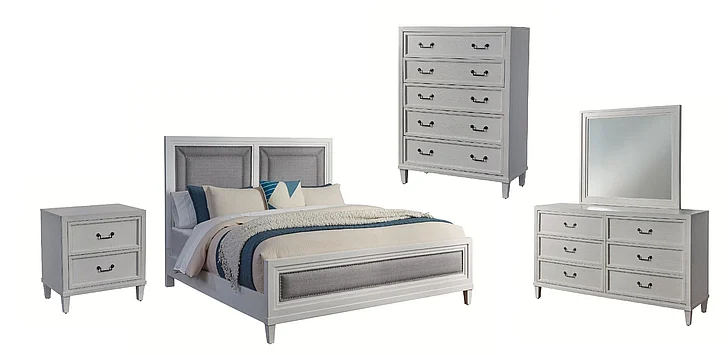 American Woodcrafters Dunescape 5pc Bedroom Set - Queen Upholstered Bed, Nightstand, Dresser, Mirror and Chest in White