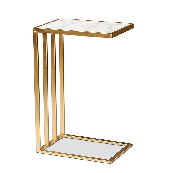 Baxton Studio Parkin Gold Metal C Shaped End Table with Marble Tabletop 12103