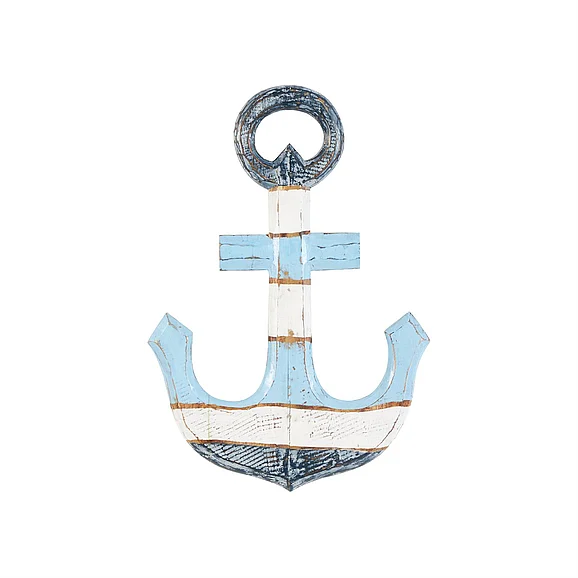 UMA Blue Wood Anchor Distressed Home Wall Decor with Brown and Cream Accents, 15" x 1" x 22" | 12108