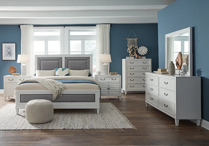 American Woodcrafters Dunescape 5pc Bedroom Set - King Upholstered Bed, 2Door Nightstand, Dresser, Mirror and Chest in White