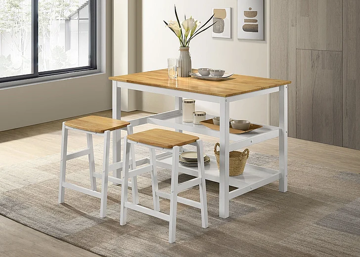 Coaster Furniture Hollis 3-Piece Kitchen Island Counter Height Table Set in Brown and White