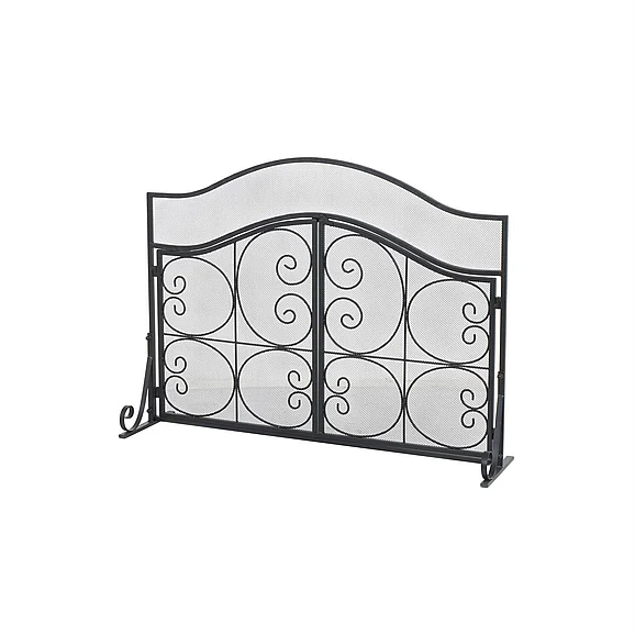 UMA Black Metal Scroll Arched 1 Panel 2 Door Living Room Fireplace Screen with Mesh Backing, 41" x 24" x 30" | 12232 CLOSEOUT