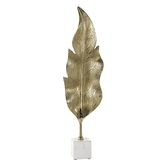 UMA Gold Aluminum Metal Leaf Tall Textured Decorative Sculpture with White Marble Base, 9" x 4" x 31" | 12246