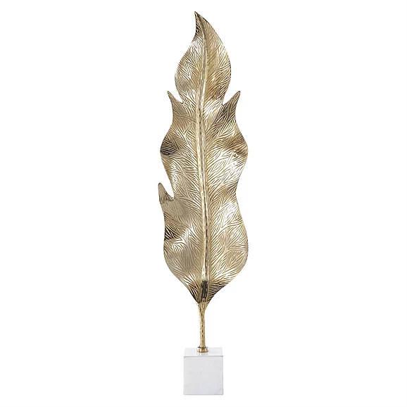 UMA Gold Aluminum Metal Leaf Tall Textured Decorative Sculpture with White Marble Base, 10" x 4" x 40" | 12247