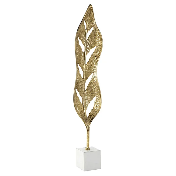 UMA Gold Aluminum Metal Leaf Tall Textured Cutout Decorative Sculpture with White Marble Base, 7" x 4" x 35" | 12252 CLOSEOUT