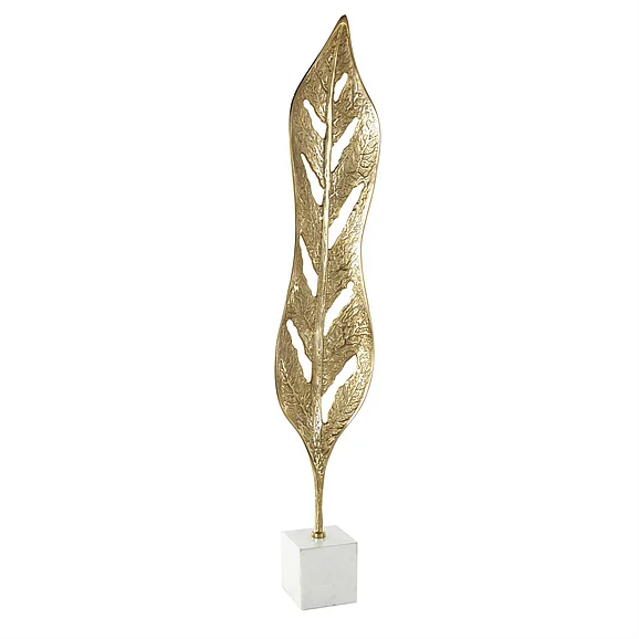UMA Gold Aluminum Metal Leaf Tall Textured Cutout Decorative Sculpture with White Marble Base, 8" x 5" x 43" | 12253