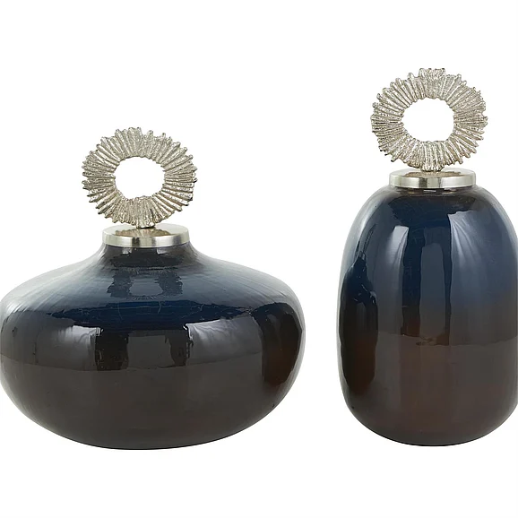 UMA Blue Metal Abstract Brushed Living Room Decorative Jars with Silver Ring Handles, Set of 2 11, 13H | 12285 CLOSEOUT
