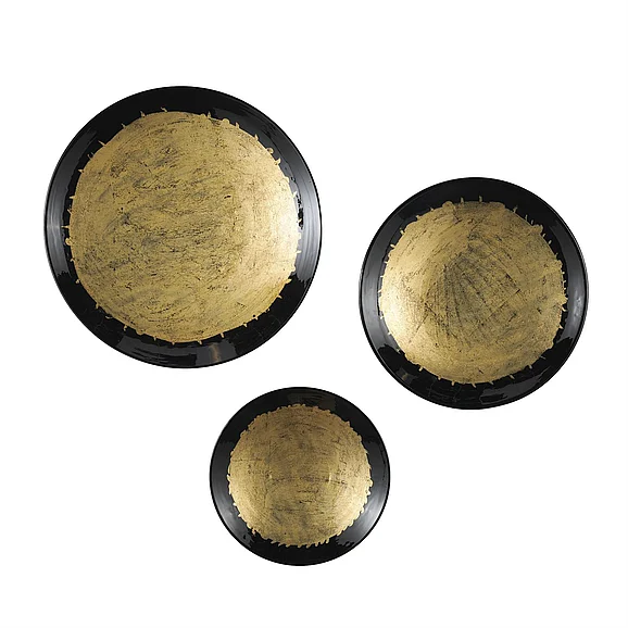 UMA Gold Metal Abstract 3D Circular Disk Home Wall Decor with Black Rims, Set of 3 24, 20, 16W | 12290