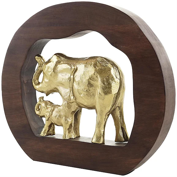 UMA Gold Aluminum Metal Elephant Decorative Sculpture with Brown Wooden Frame, 14" x 2" x 12" | 12298
