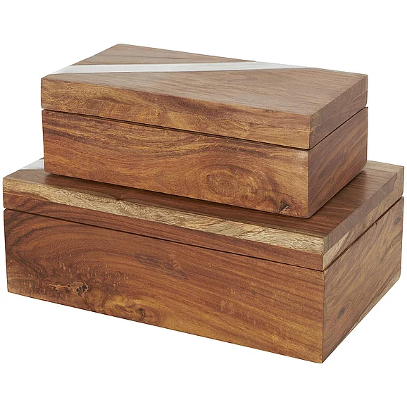 UMA Brown Mango Wood Decorative Box with Silver Diagonal Stripes, Set of 2 11, 9W | 12302 CLOSEOUT