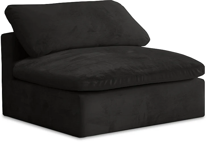 Meridian Cozy Velvet Modular Fiber Filled Comfort Overstuffed Armless Chair in Black Velvet 634Black-Armless