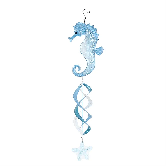 UMA Blue Metal Sea Horse Swirl Wind Spinner Windchime with Starfish Accent, 10" x 5" x 38" | 12344 CLOSEOUT