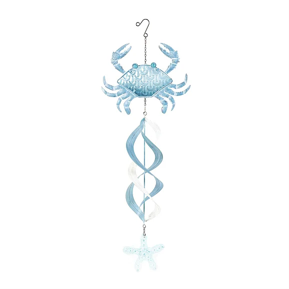 UMA Blue Metal Crab Swirl Wind Spinner Windchime with Starfish Accent, 12" x 5" x 32" | 12345 CLOSEOUT