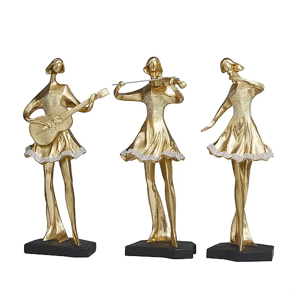UMA Gold Resin Musician Abstract Women Decorative Sculpture with Glitter and Rhinestone Detailing, Set of 3 7W, 16H | 12482 CLOSEOUT