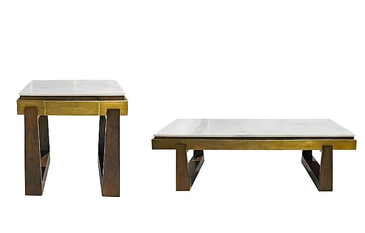 Coast by DK Bennett 2pc Occasional Living Room Set in Brass & Walnut