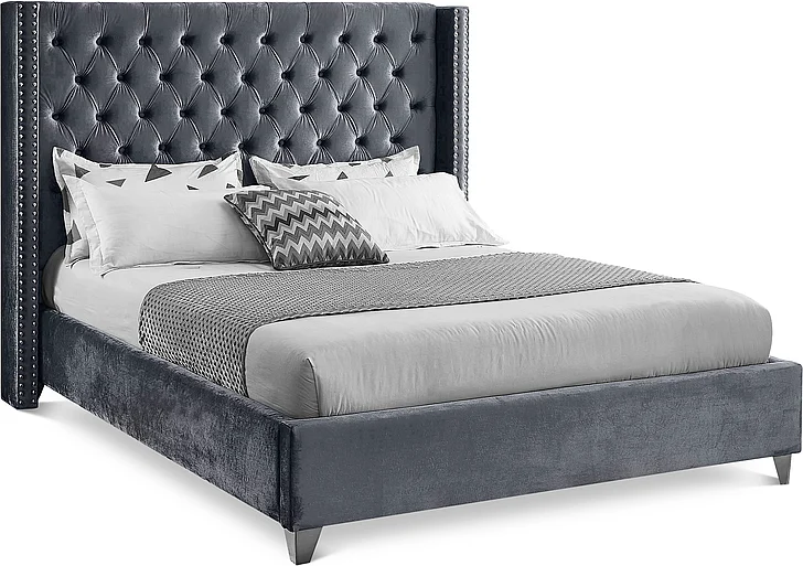 Meridian Furniture Aiden Velvet Queen Bed in Grey AidenGrey-Q