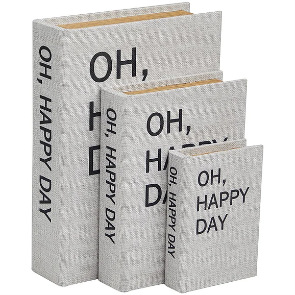 UMA Light Gray Linen Fabric Oh, Happy Day Book Storage Decorative Box with Black Lettering, (Set of 3) 12, 9, 6H | 12495