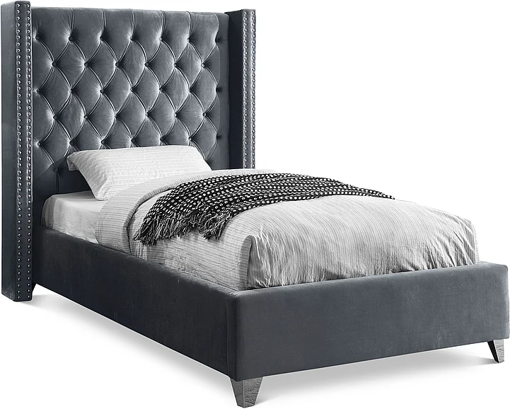 Meridian Furniture Aiden Velvet Twin Bed in Grey AidenGrey-T