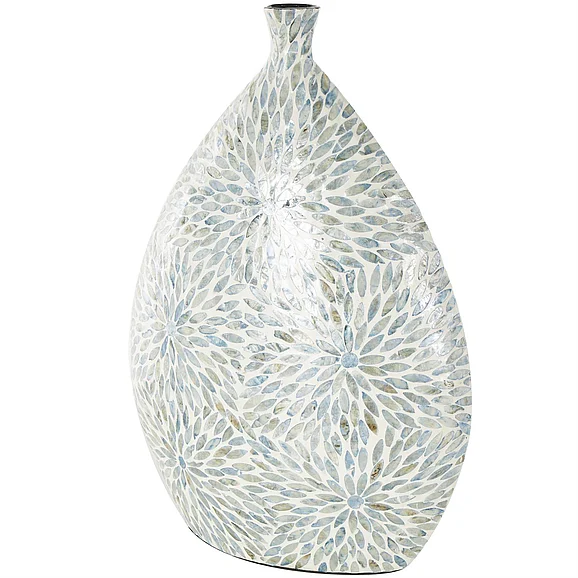 UMA Blue Mother of Pearl Shell Floral Handmade Large Mosaic Decorative Vase with Cream Underlay, 17" x 8" x 24" | 12604